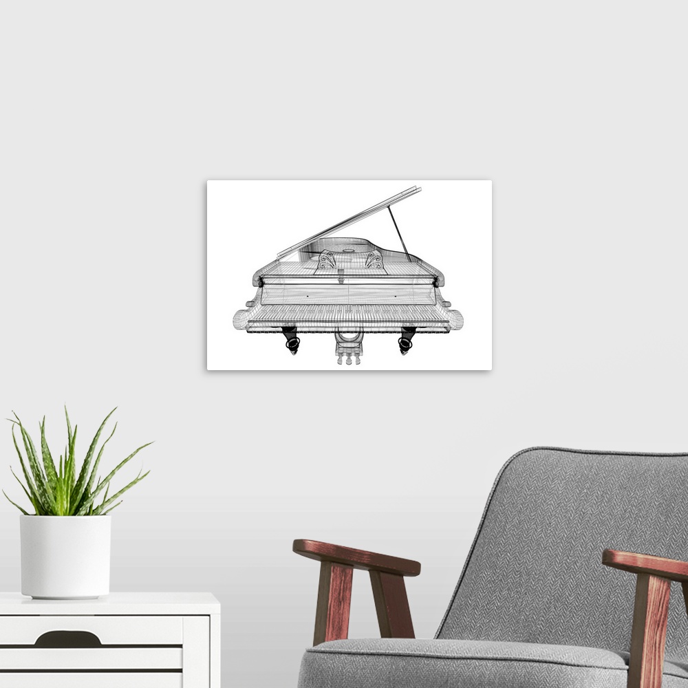 A modern room featuring Antique grand piano with path, 3D model body structure, wire model.