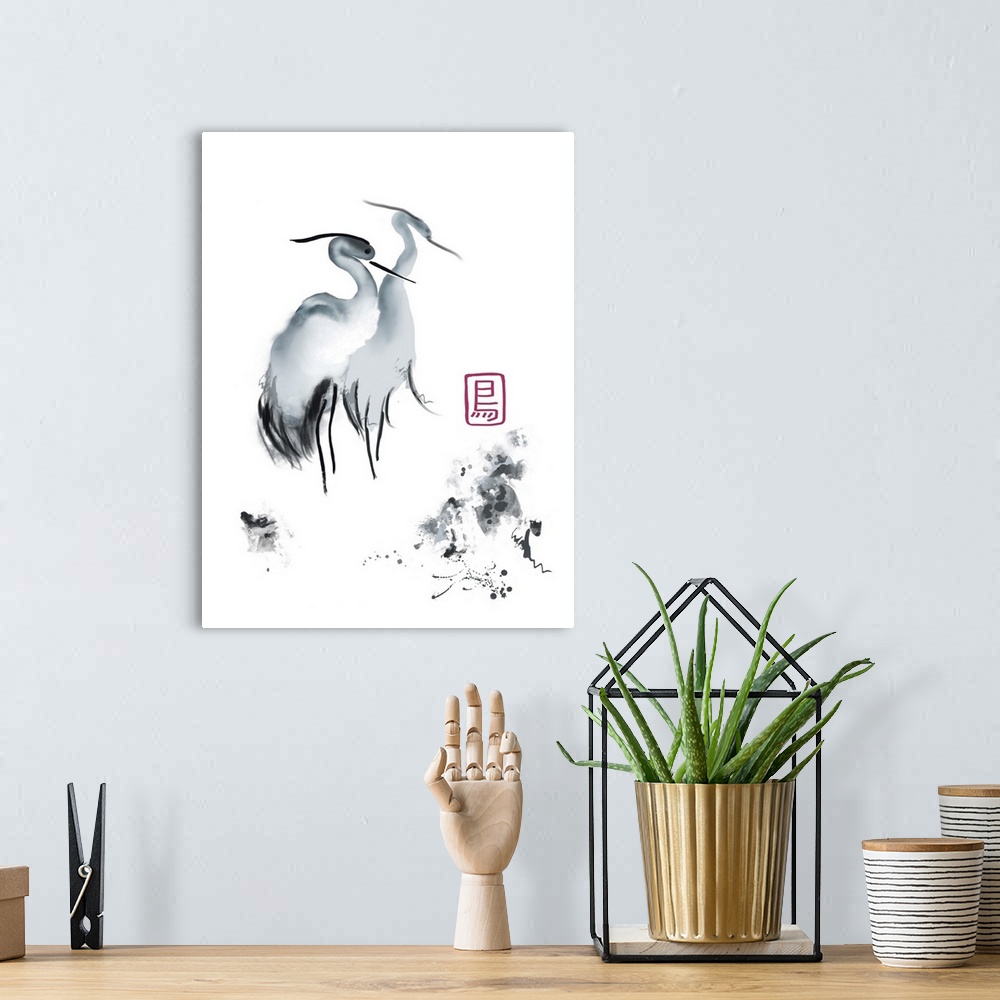 A bohemian room featuring Originally a traditional watercolor of an Asian crane.