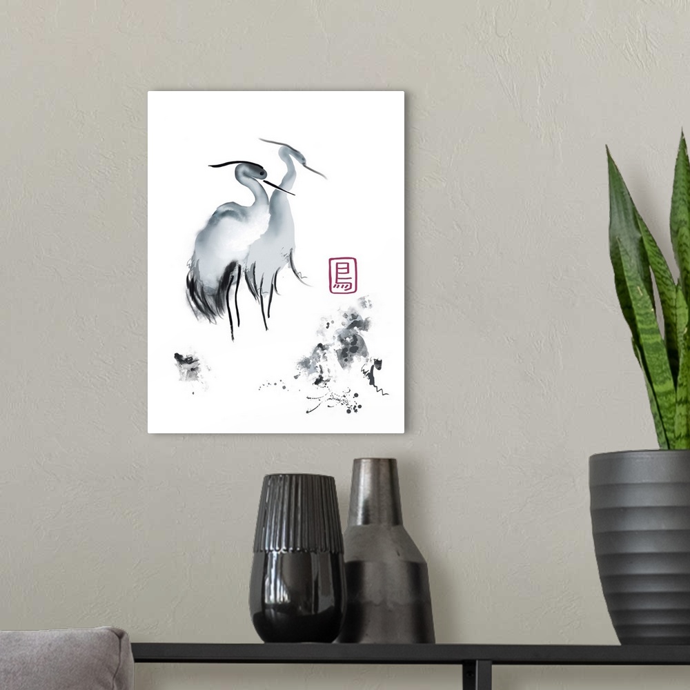 A modern room featuring Originally a traditional watercolor of an Asian crane.
