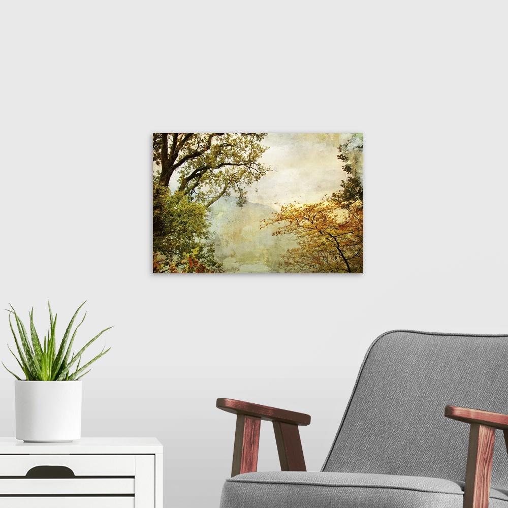 A modern room featuring Autumn - artwork in painting style.
