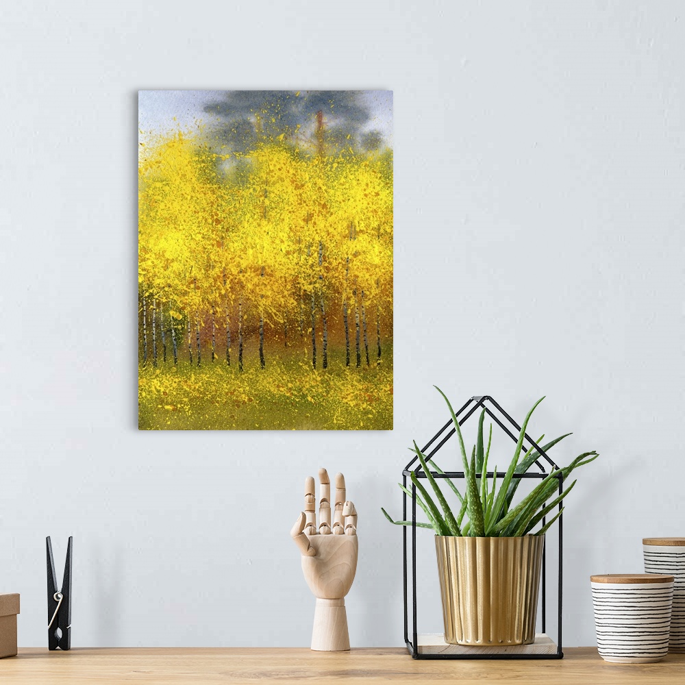 A bohemian room featuring Watercolor landscape of autumn foliage in a birch forest.