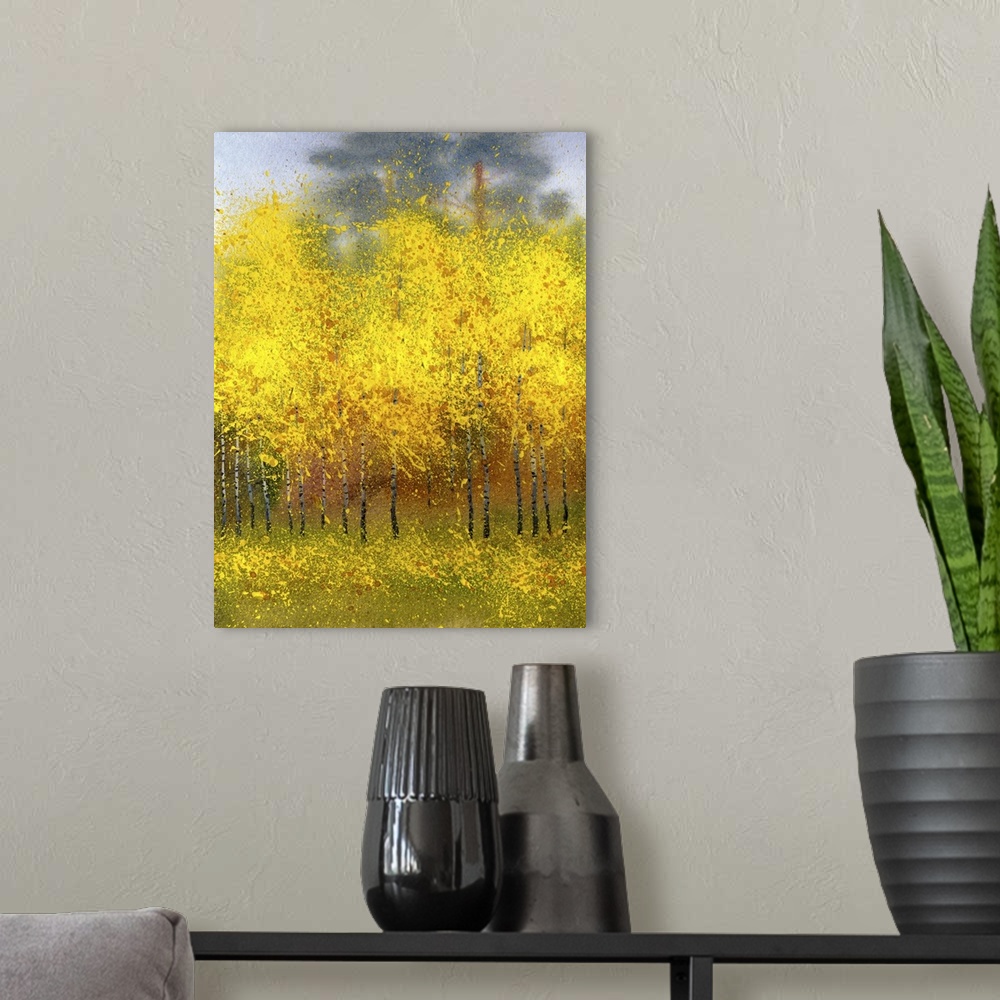 A modern room featuring Watercolor landscape of autumn foliage in a birch forest.