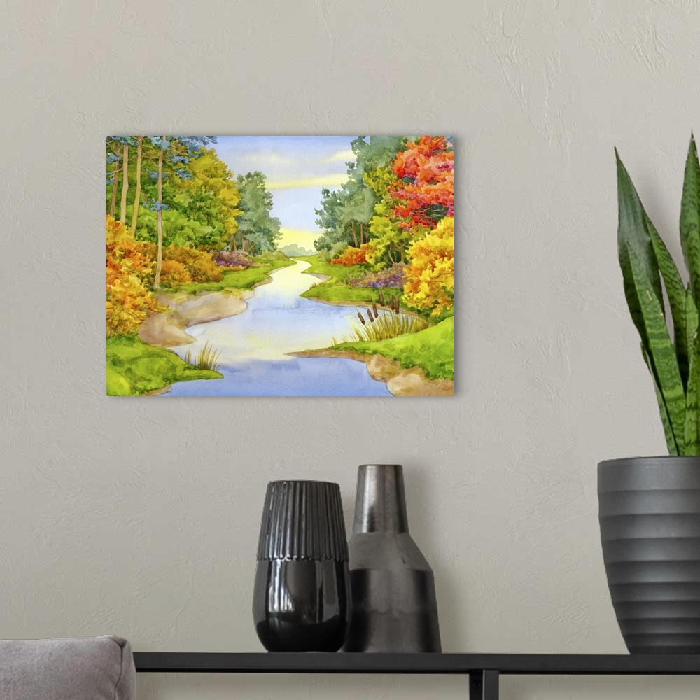 A modern room featuring Originally a watercolor landscape. Sinuous stream flows in a colorful autumn forest.