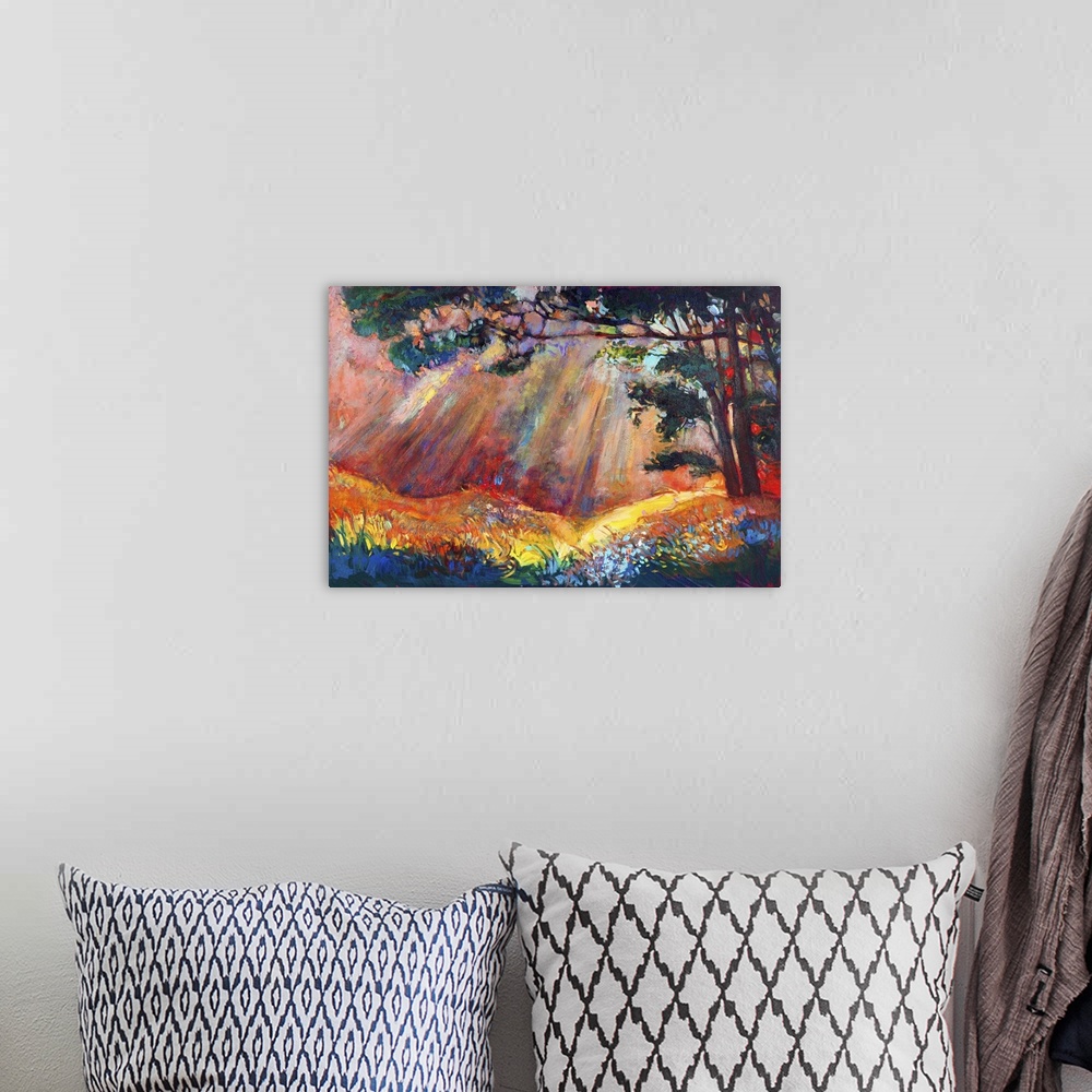 A bohemian room featuring Originally an oil painting of a beautiful sunset landscape. Autumn forest and sky. Modern impress...