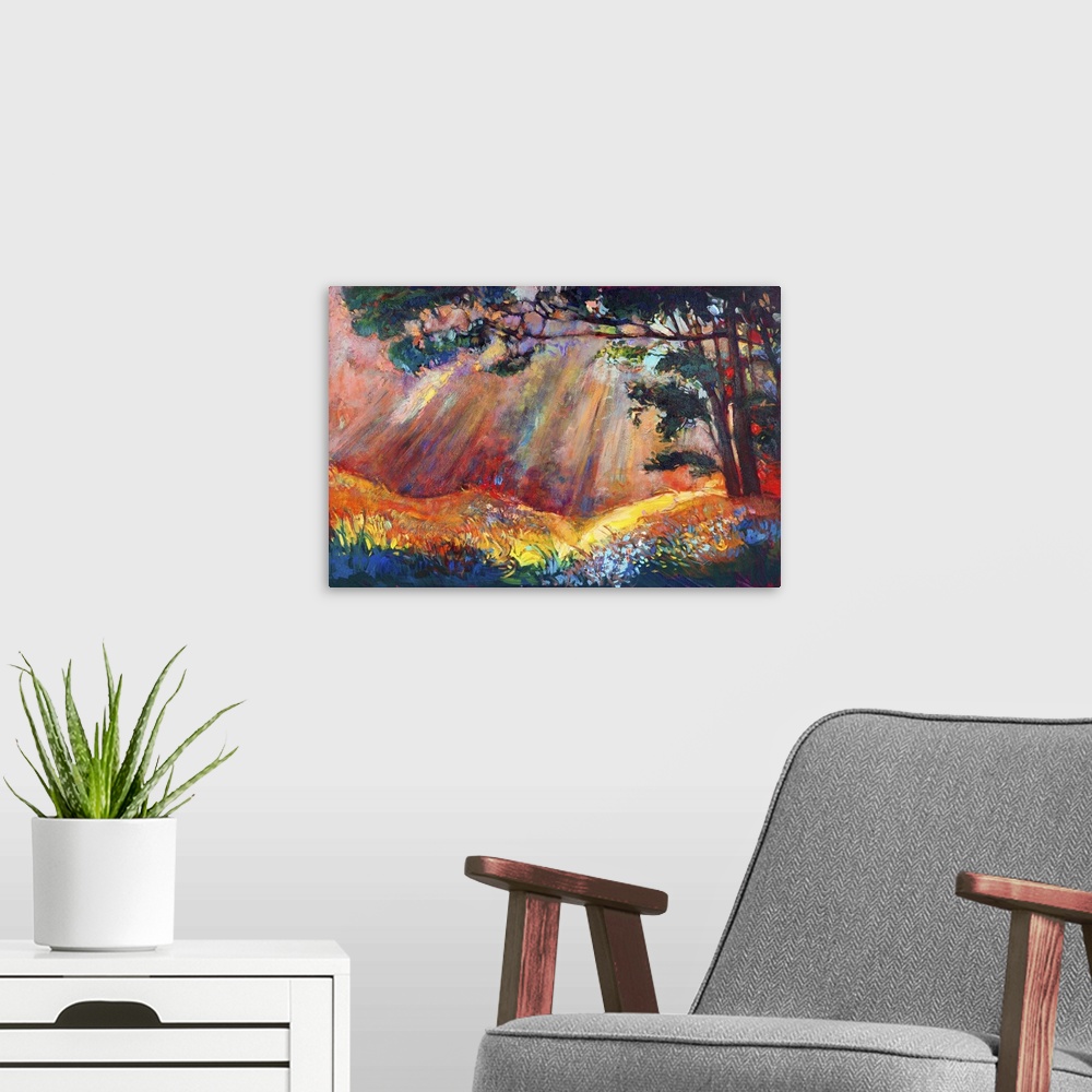 A modern room featuring Originally an oil painting of a beautiful sunset landscape. Autumn forest and sky. Modern impress...