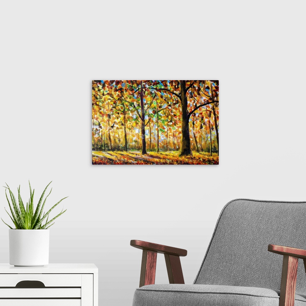 A modern room featuring Autumn forest landscape, originally an oil painting.