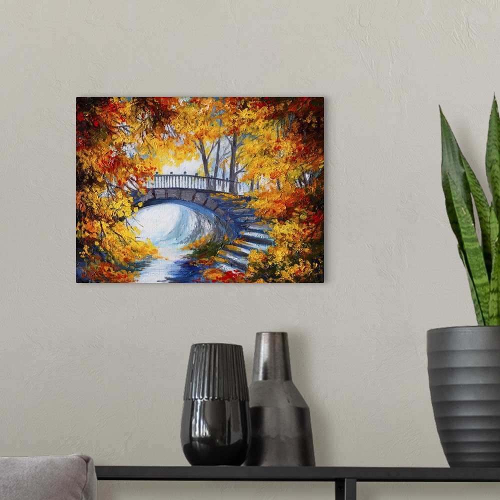 A modern room featuring Originally an oil painting of autumn forest with a road and bridge over the road, bright red leaves.