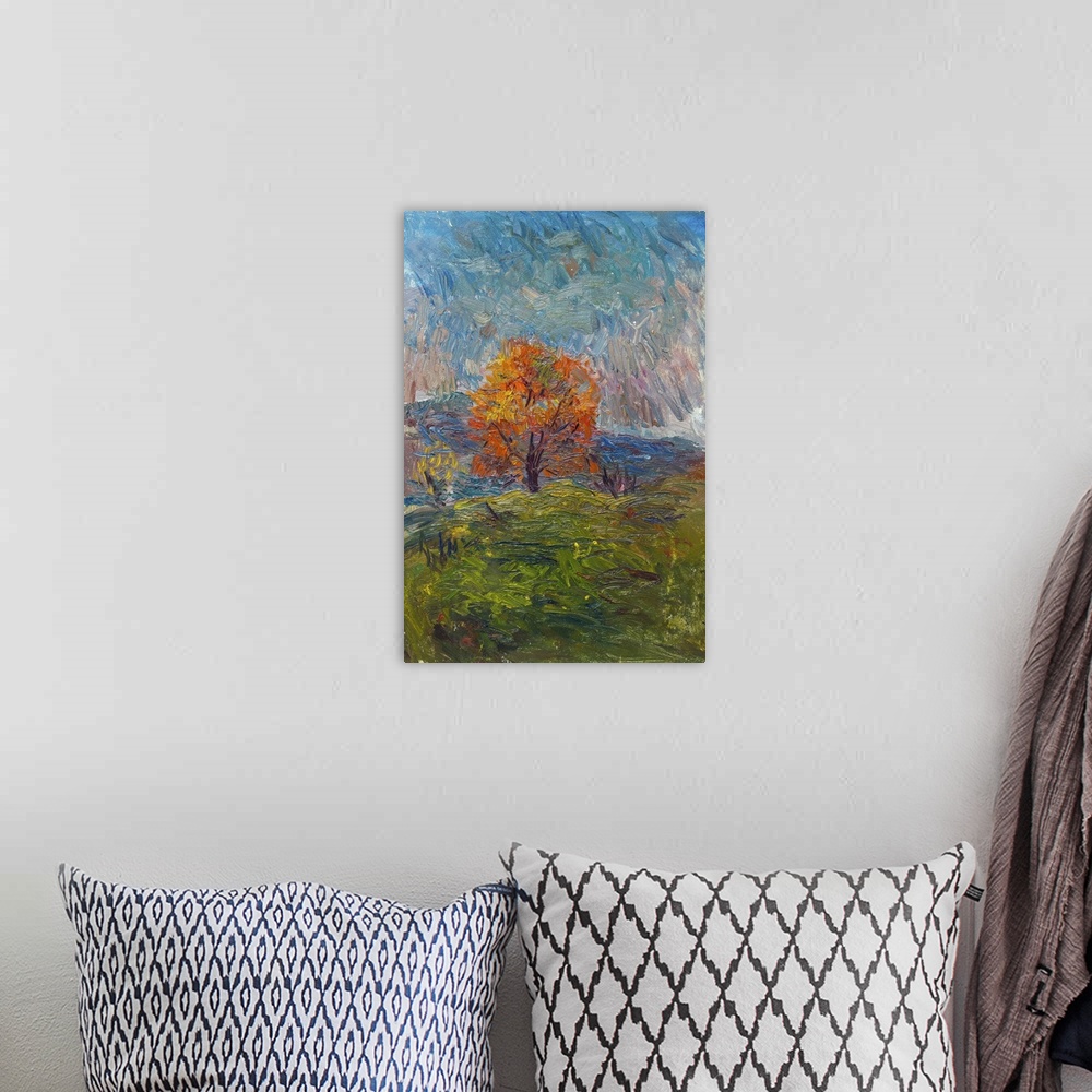 A bohemian room featuring Originally an oil painting of autumn landscape. Orange tree on a cloudy morning on the background...