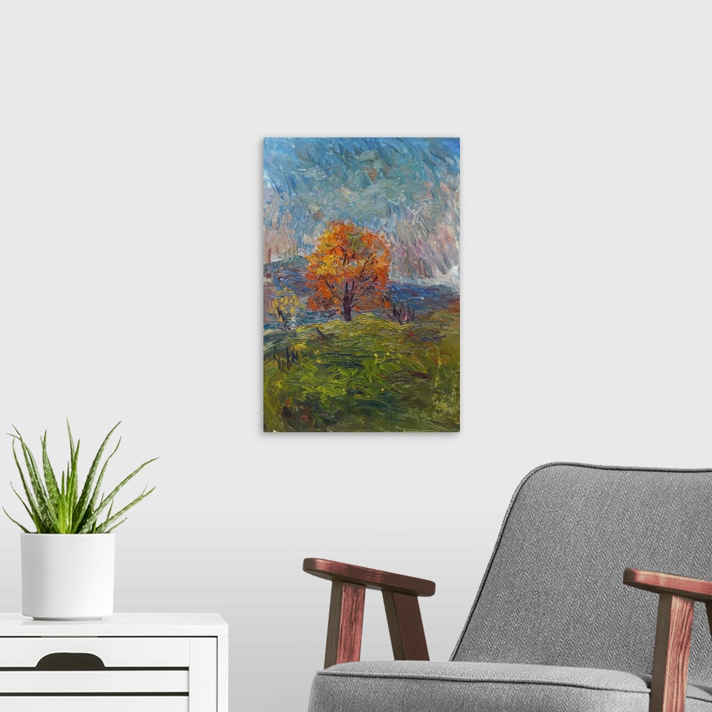 A modern room featuring Originally an oil painting of autumn landscape. Orange tree on a cloudy morning on the background...