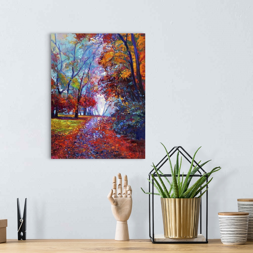 A bohemian room featuring Originally an oil painting showing beautiful autumn forest on canvas. Modern impressionism.