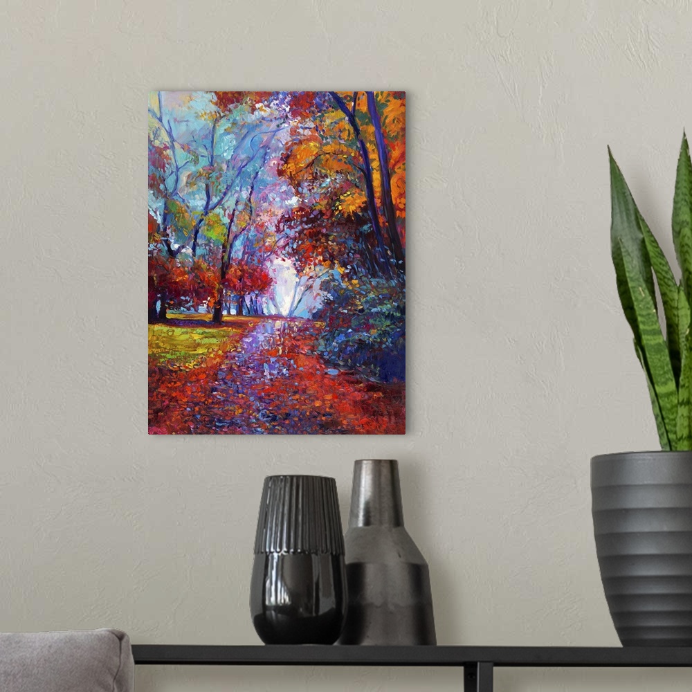 A modern room featuring Originally an oil painting showing beautiful autumn forest on canvas. Modern impressionism.