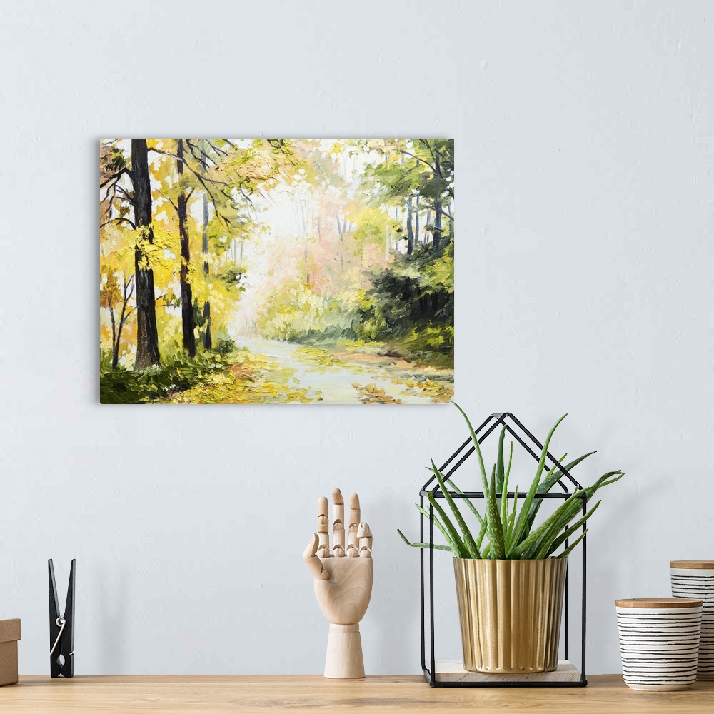 A bohemian room featuring Originally an oil painting of an autumn landscape, road in a colorful forest.