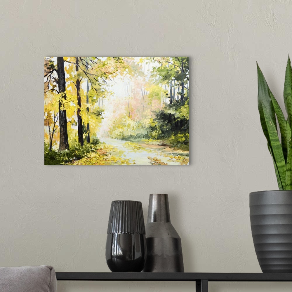 A modern room featuring Originally an oil painting of an autumn landscape, road in a colorful forest.