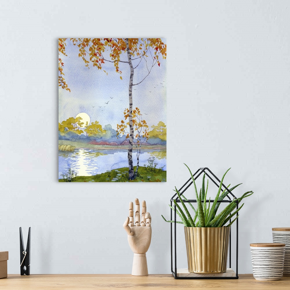A bohemian room featuring Watercolor landscape of an Autumn birch meeting the rising moon over the lake.