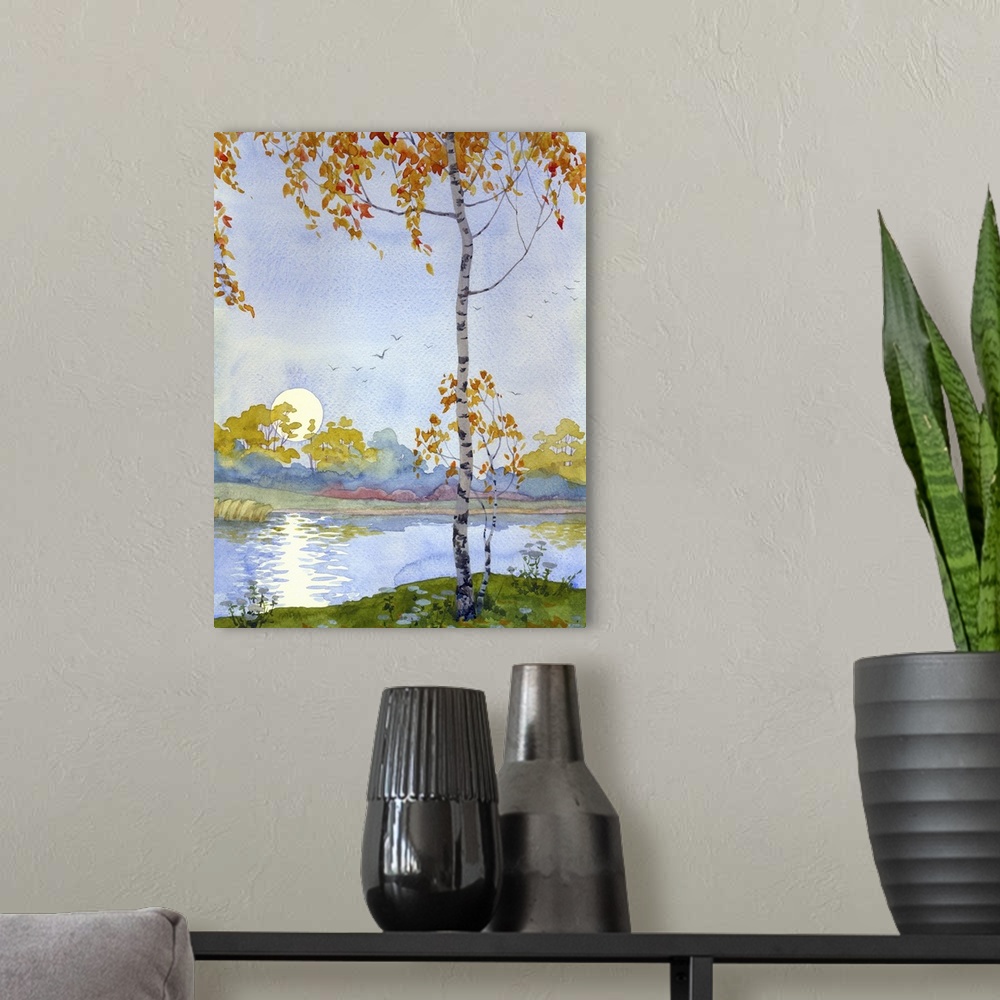 A modern room featuring Watercolor landscape of an Autumn birch meeting the rising moon over the lake.