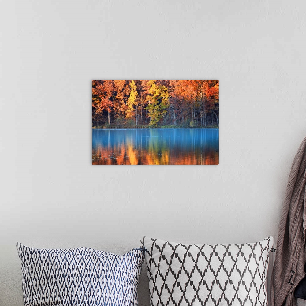 A bohemian room featuring Reflections of autumn trees in blue water lake.