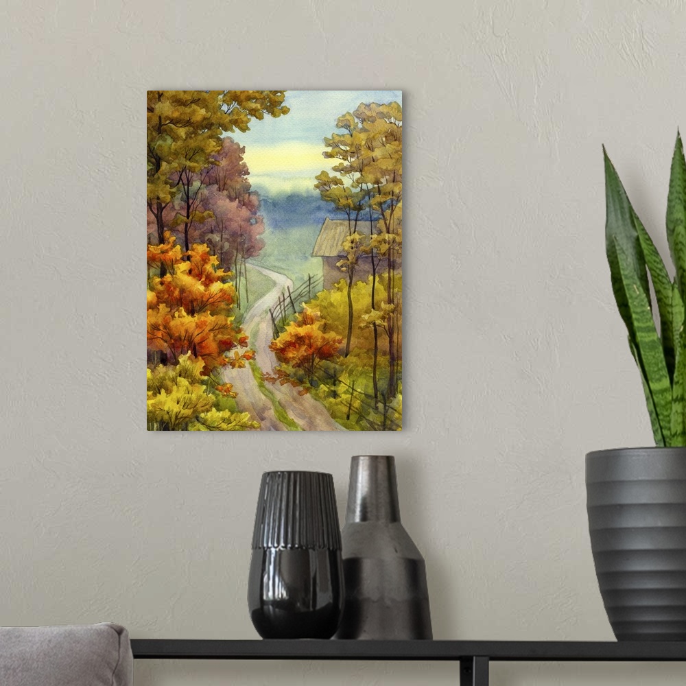 A modern room featuring Watercolor landscape of a countryside view of a dirt road near an autumnal forest.
