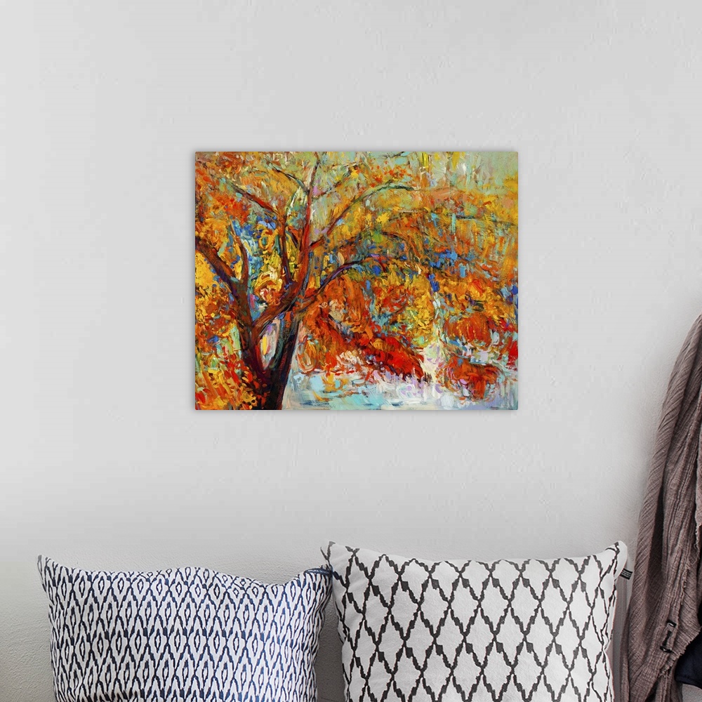 A bohemian room featuring Originally an oil painting showing a beautiful autumn tree. Modern impressionism.