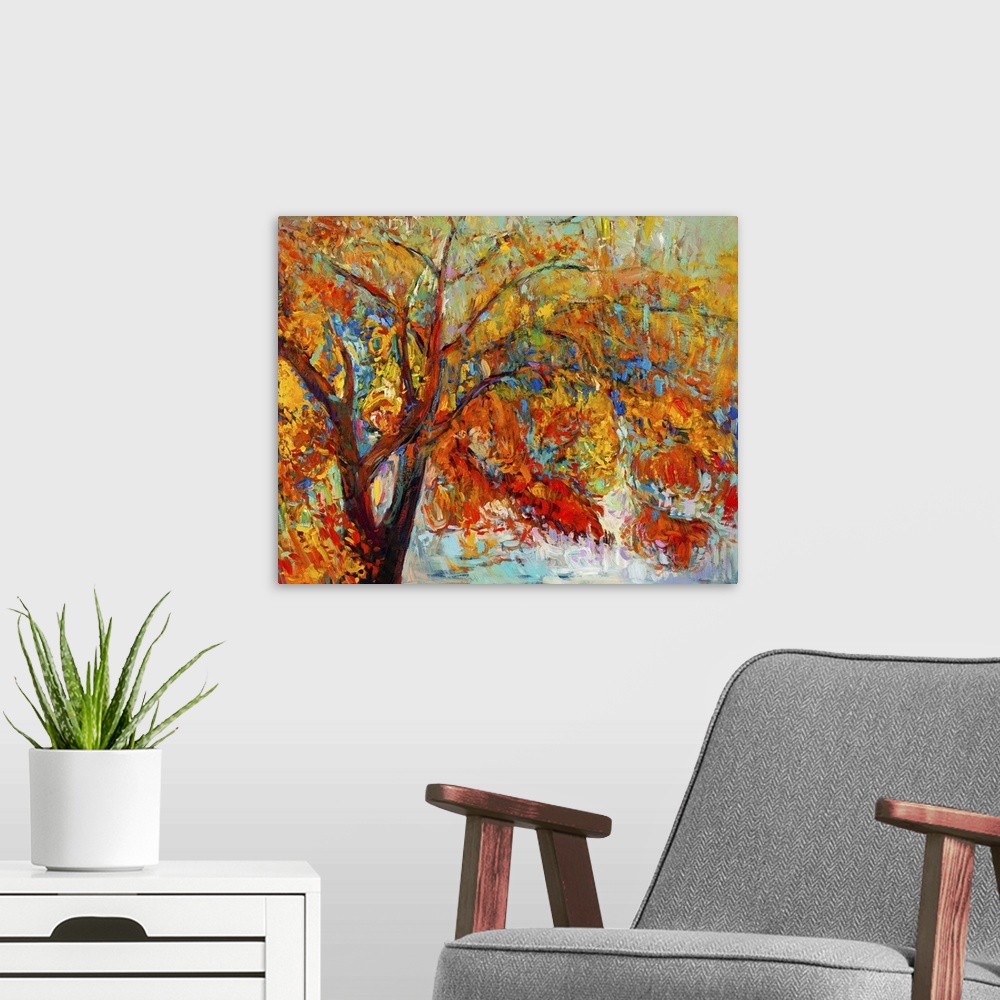 A modern room featuring Originally an oil painting showing a beautiful autumn tree. Modern impressionism.