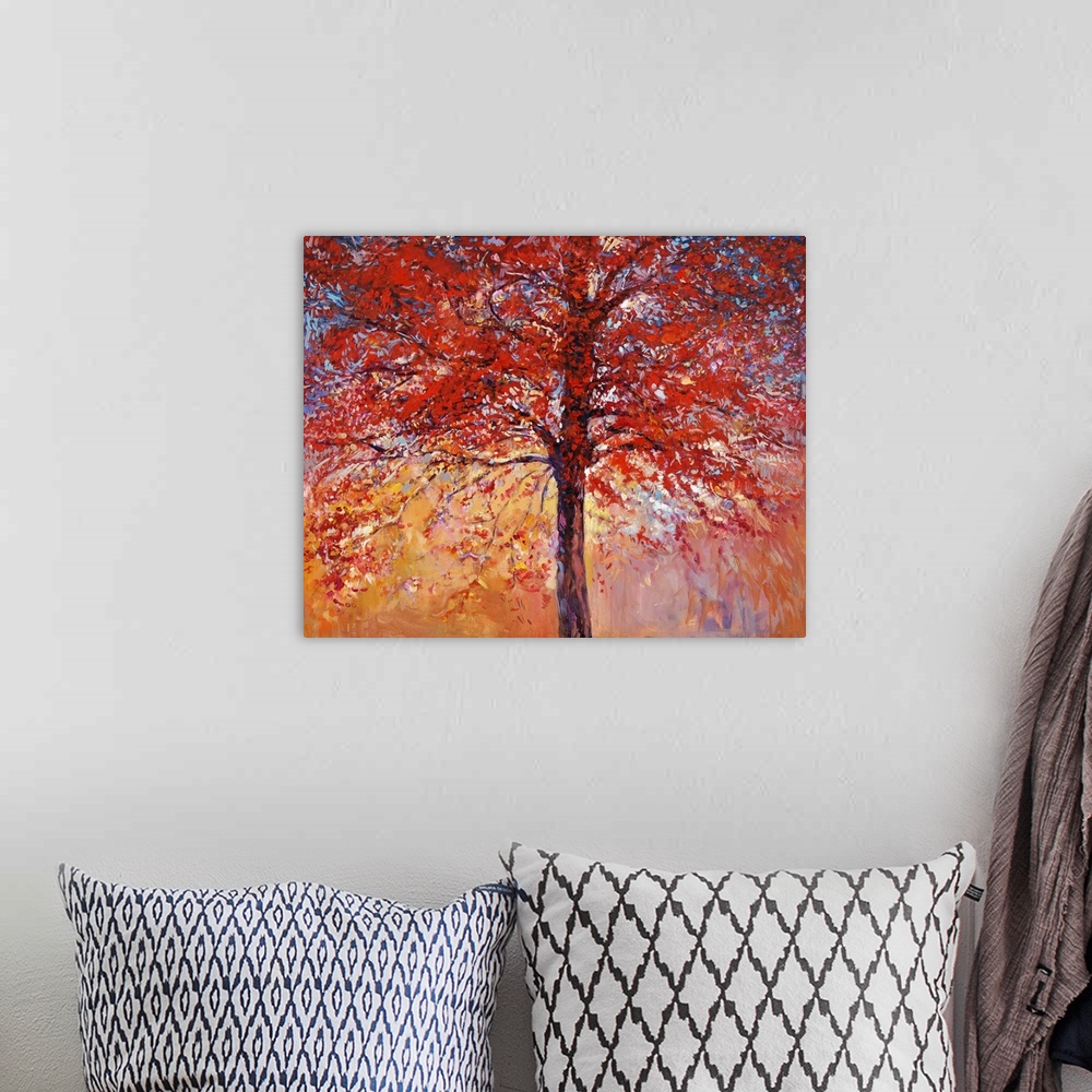 A bohemian room featuring Originally am oil painting showing beautiful autumn tree on canvas. Modern impressionism.