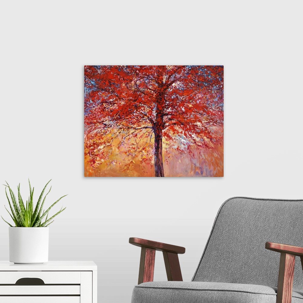 A modern room featuring Originally am oil painting showing beautiful autumn tree on canvas. Modern impressionism.