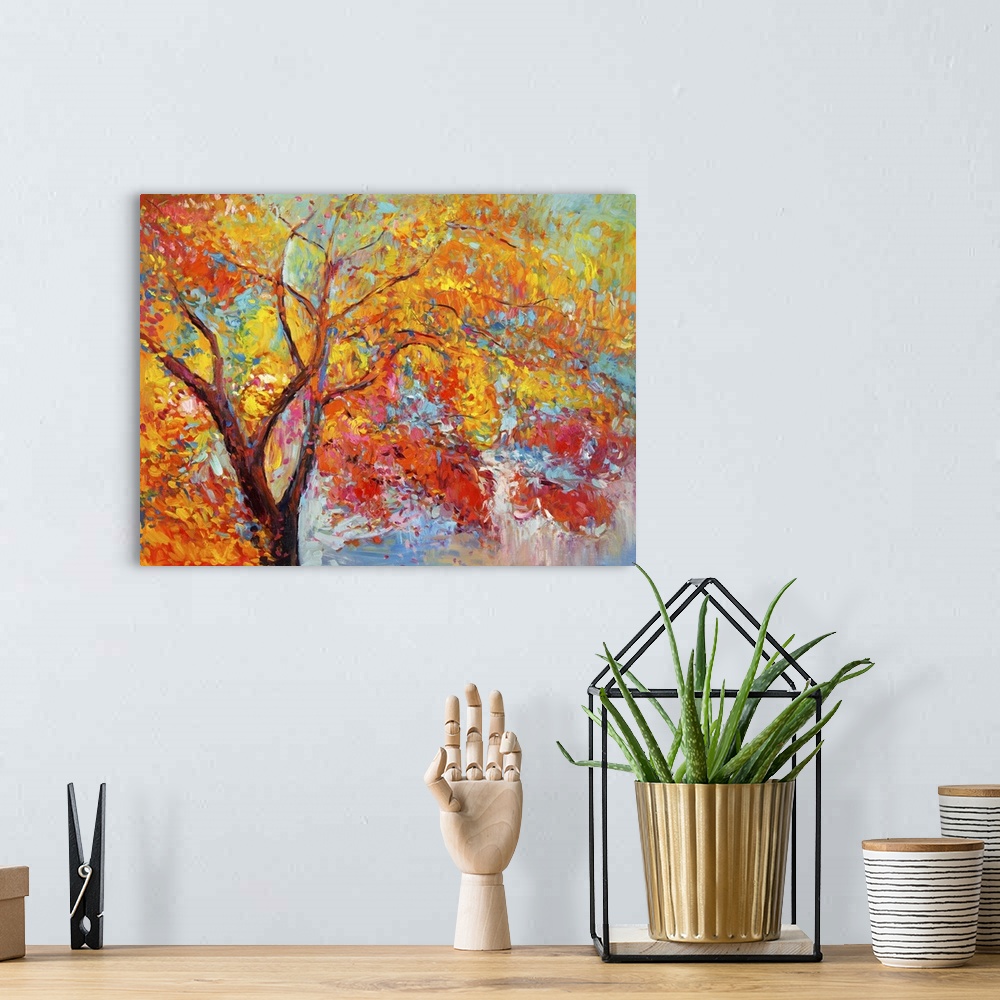 A bohemian room featuring Originally an oil painting showing beautiful autumn tree on canvas. Modern impressionism.