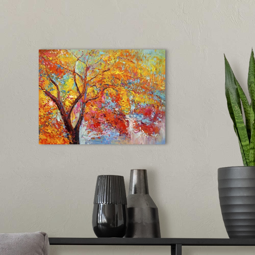 A modern room featuring Originally an oil painting showing beautiful autumn tree on canvas. Modern impressionism.