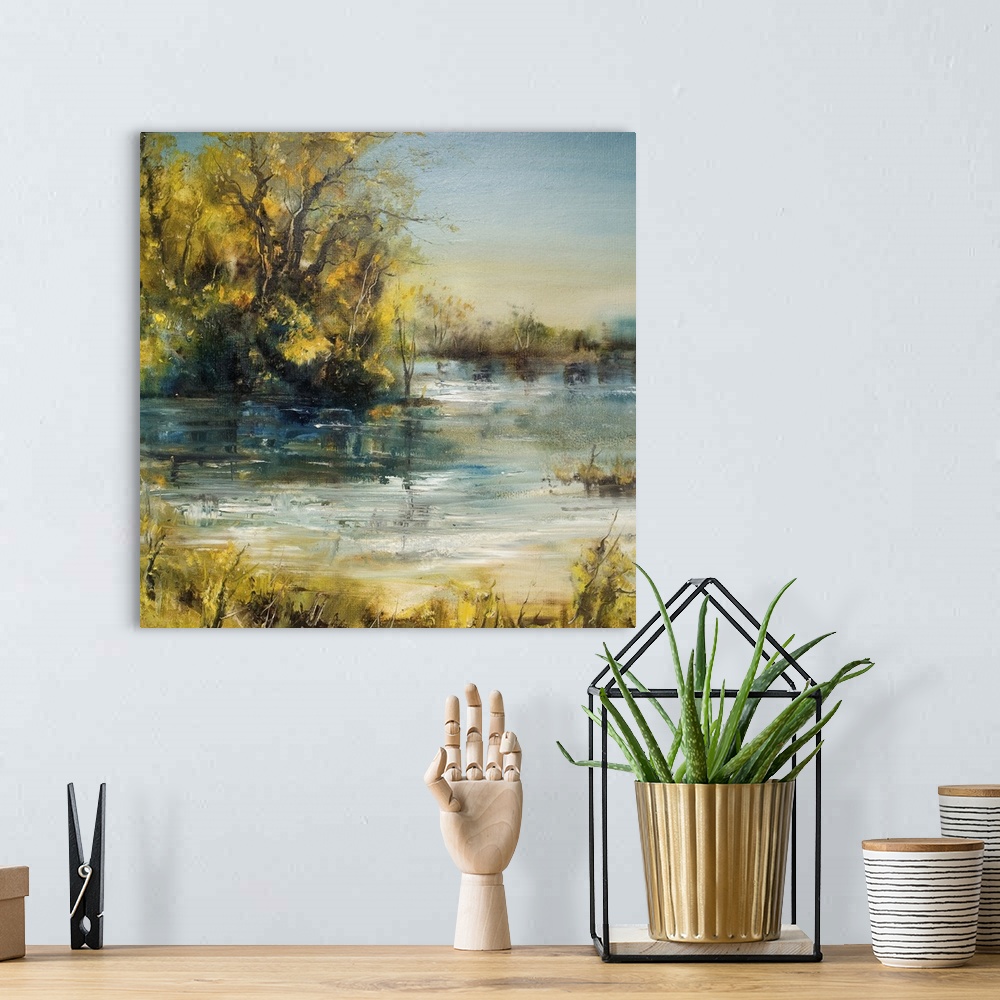 A bohemian room featuring Autumn trees by the lake, originally an oil painting, artistic background.