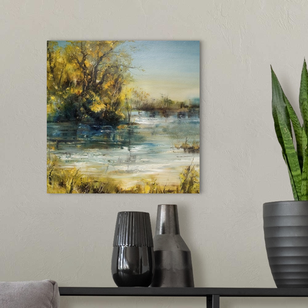 A modern room featuring Autumn trees by the lake, originally an oil painting, artistic background.