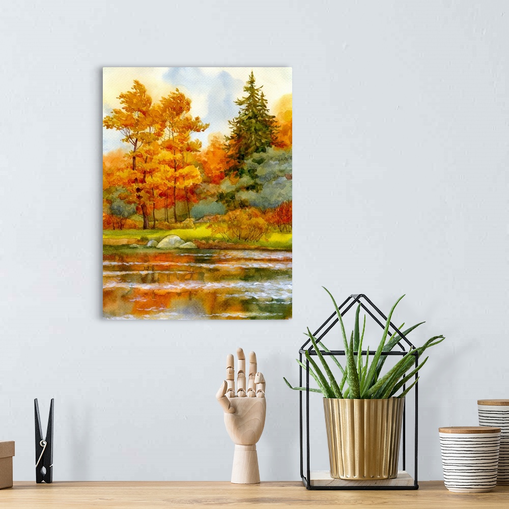 A bohemian room featuring Watercolor landscape of an autumnal forest on the lake.