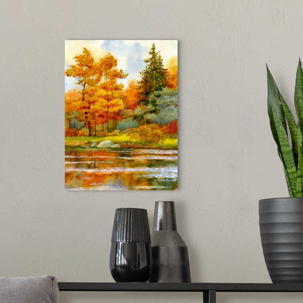 A modern room featuring Watercolor landscape of an autumnal forest on the lake.