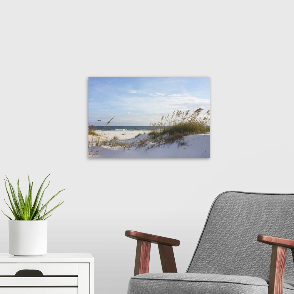 A modern room featuring Rosy beach with dunes at sunset in Pensacola, Florida.