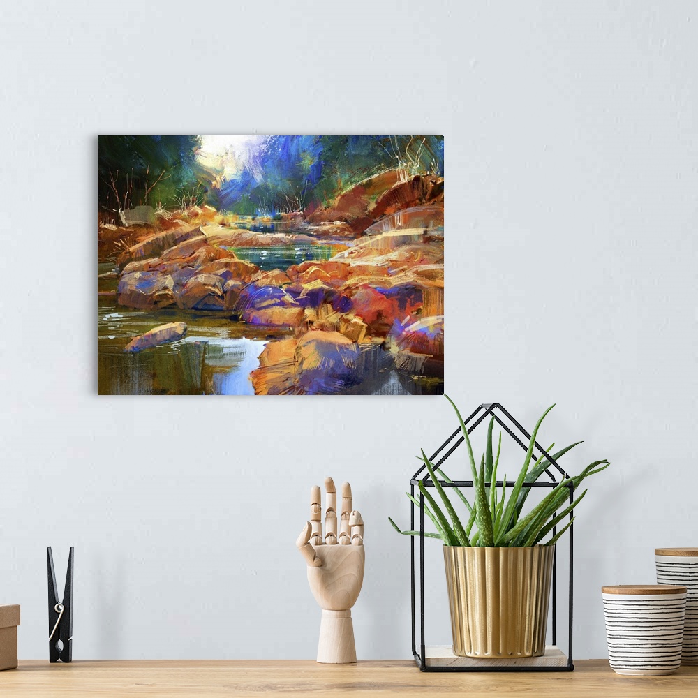 A bohemian room featuring Beautiful fall river with colorful stones in autumn forest.