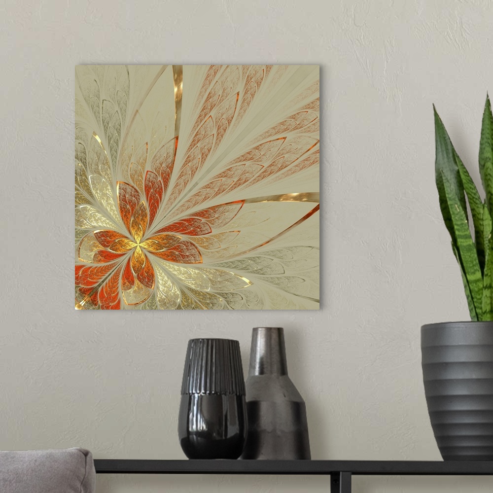 A modern room featuring Beautiful fractal flower in yellow, gray and red. Computer generated graphics.