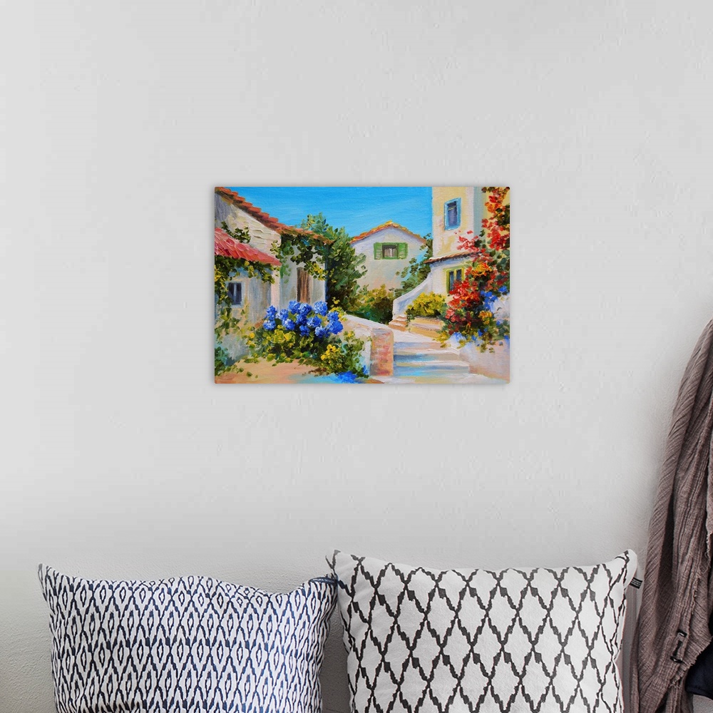 A bohemian room featuring Originally an oil painting on canvas of beautiful houses near the sea.
