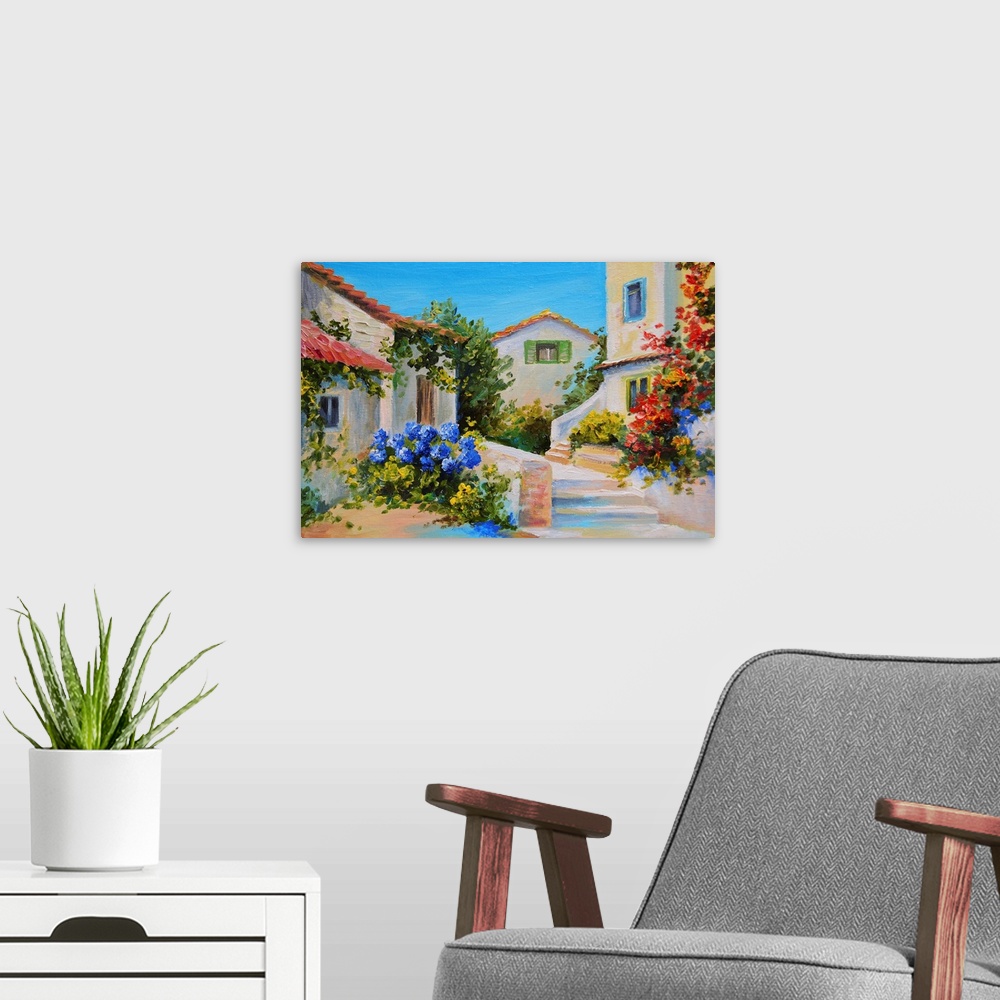 A modern room featuring Originally an oil painting on canvas of beautiful houses near the sea.