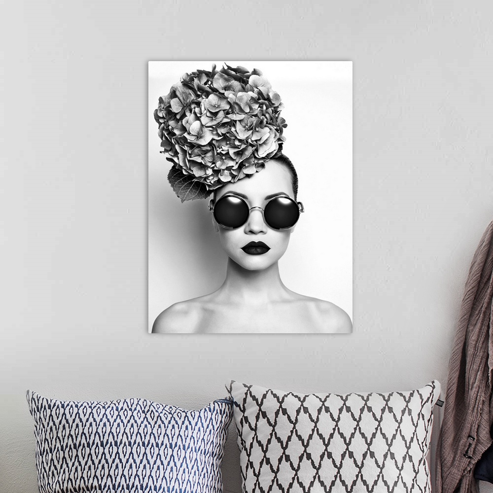 A bohemian room featuring Black and white portrait of beautiful lady with hydrangeas.