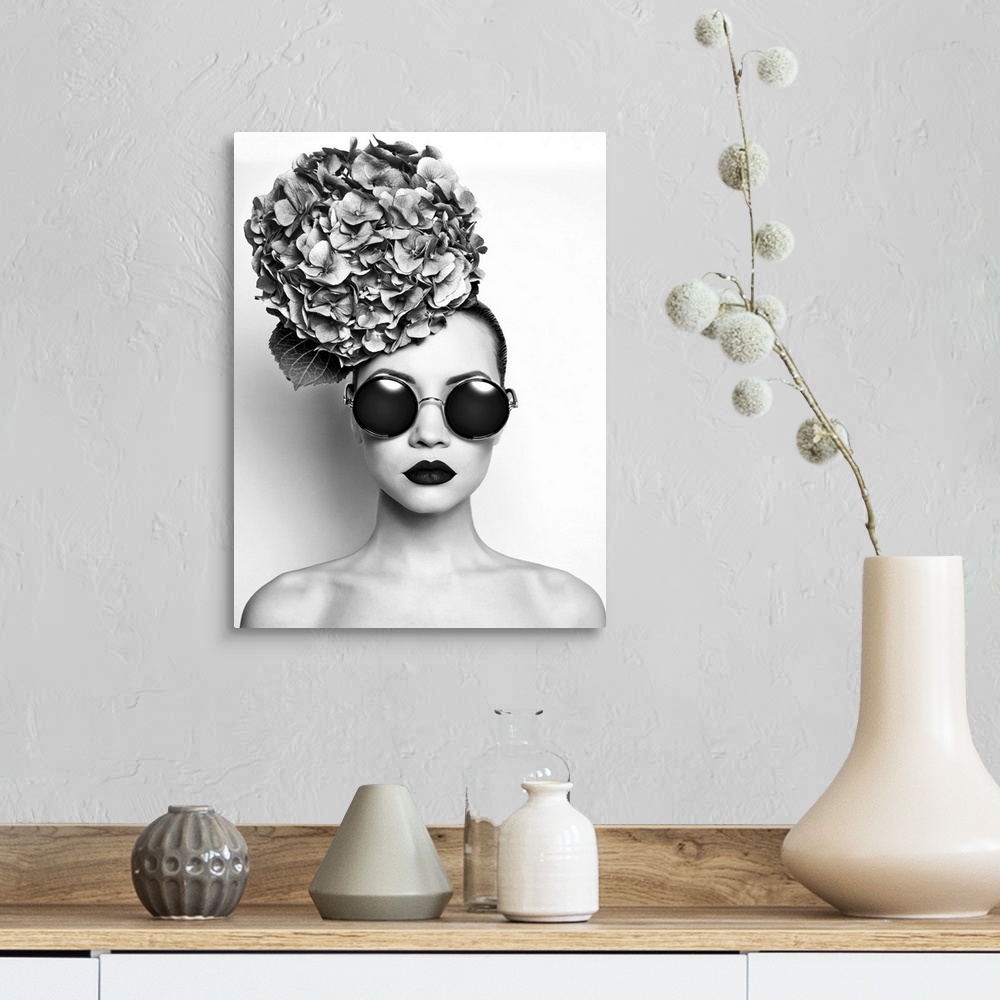 A farmhouse room featuring Black and white portrait of beautiful lady with hydrangeas.
