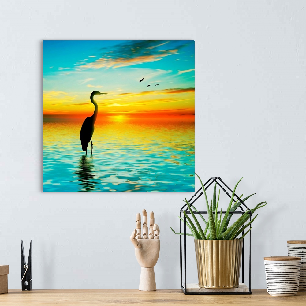 A bohemian room featuring Beautiful landscape with a heron.