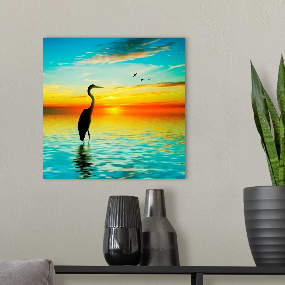 A modern room featuring Beautiful landscape with a heron.