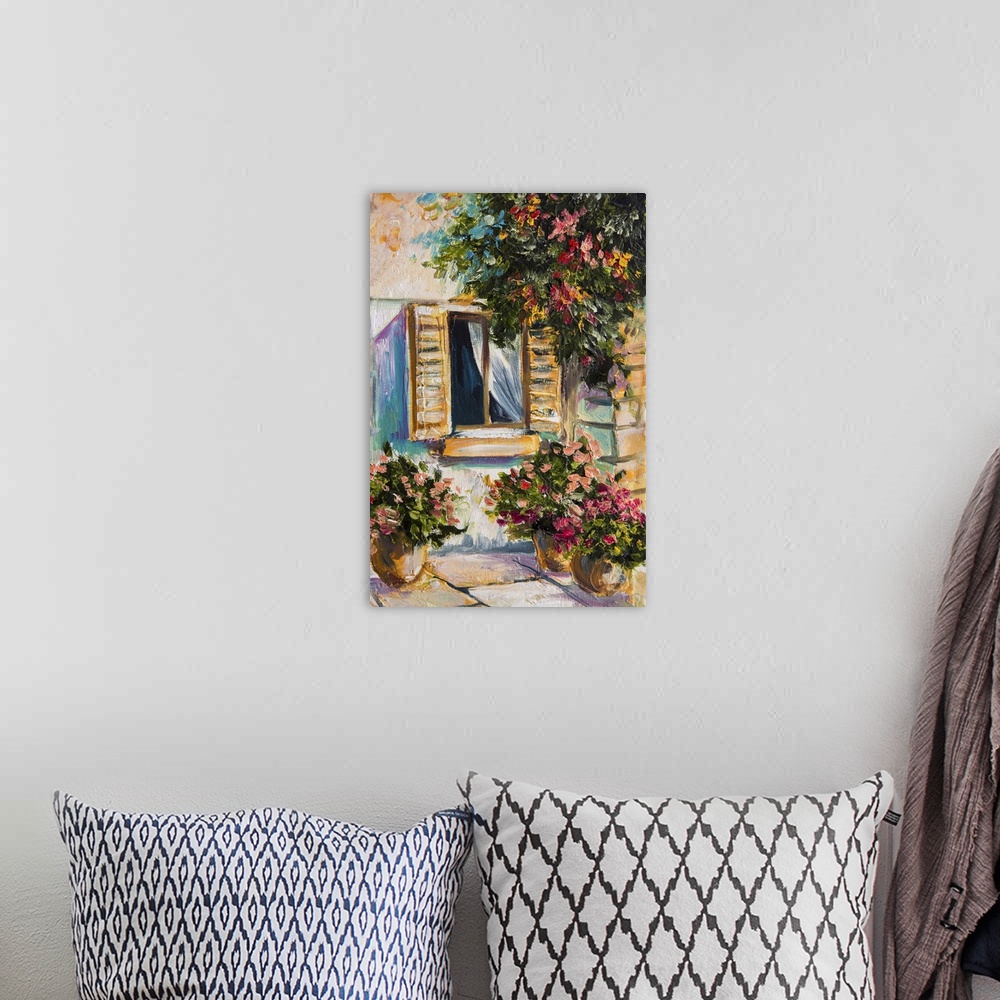A bohemian room featuring Originally an oil painting of beautiful nature, colorful flowers, street.