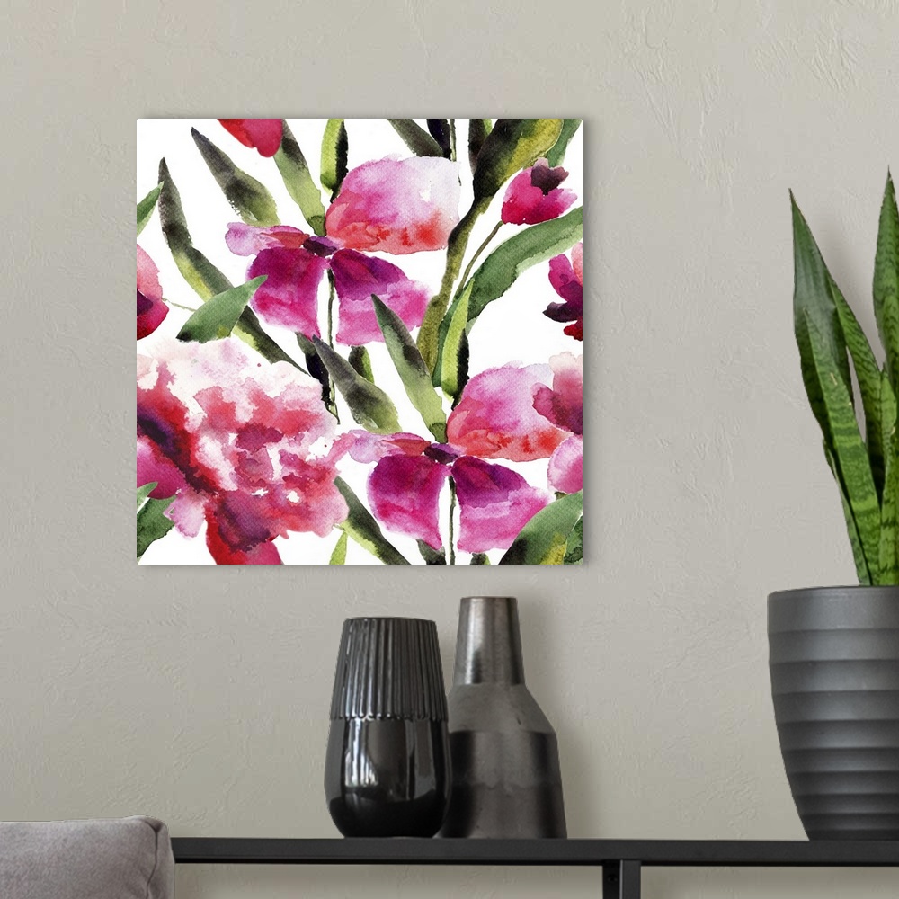 A modern room featuring Originally a watercolor illustration of beautiful pink flowers.