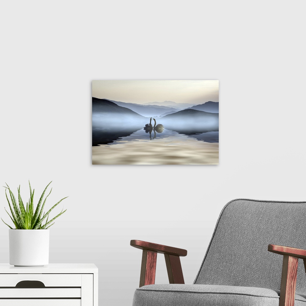 A modern room featuring Beautiful romantic image of swans on a misty lake with mountains.