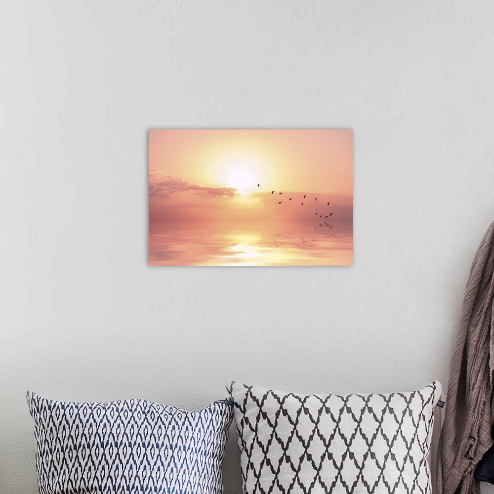 A bohemian room featuring Beautiful sky on sunset or sunrise with flying birds to the sun, natural background.