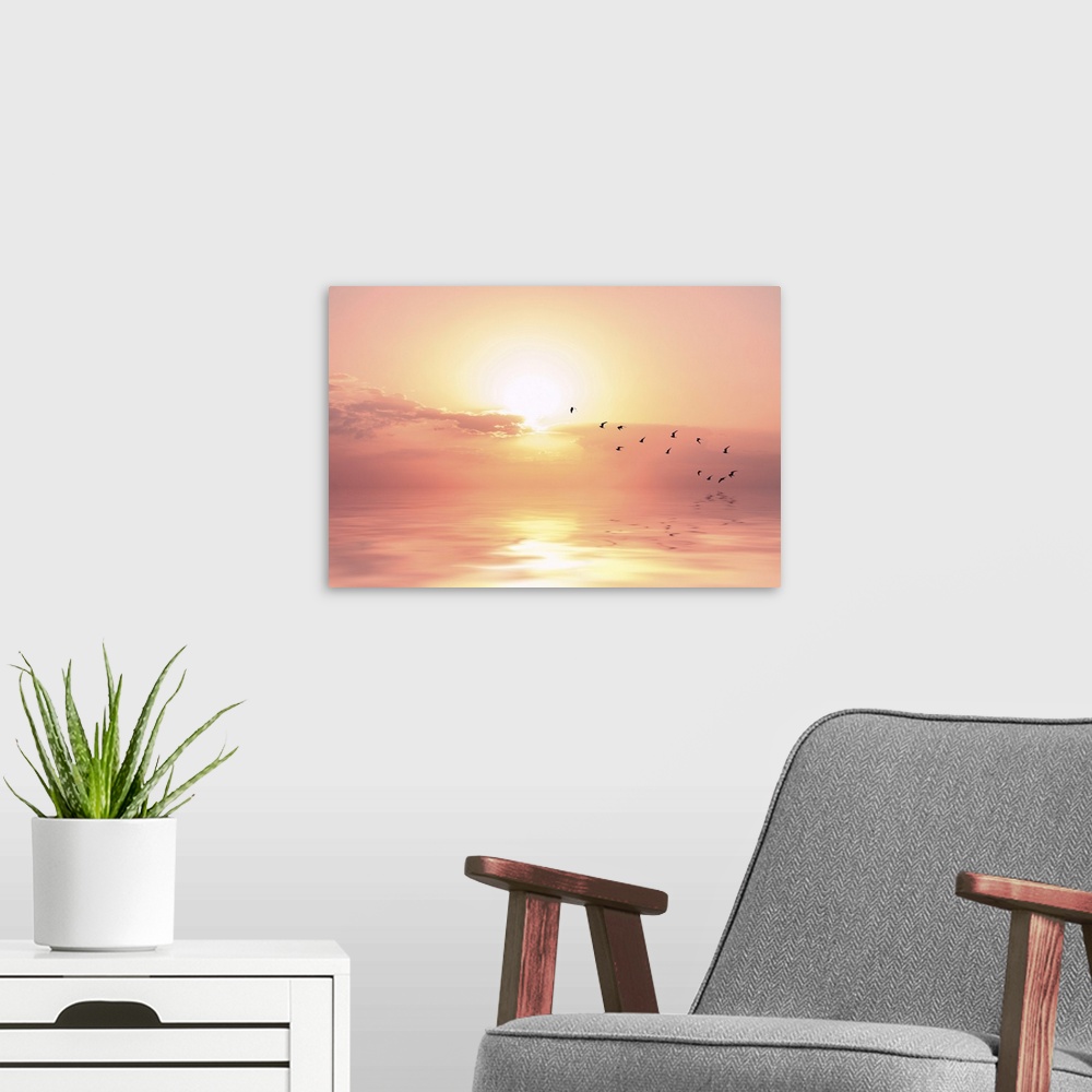 A modern room featuring Beautiful sky on sunset or sunrise with flying birds to the sun, natural background.