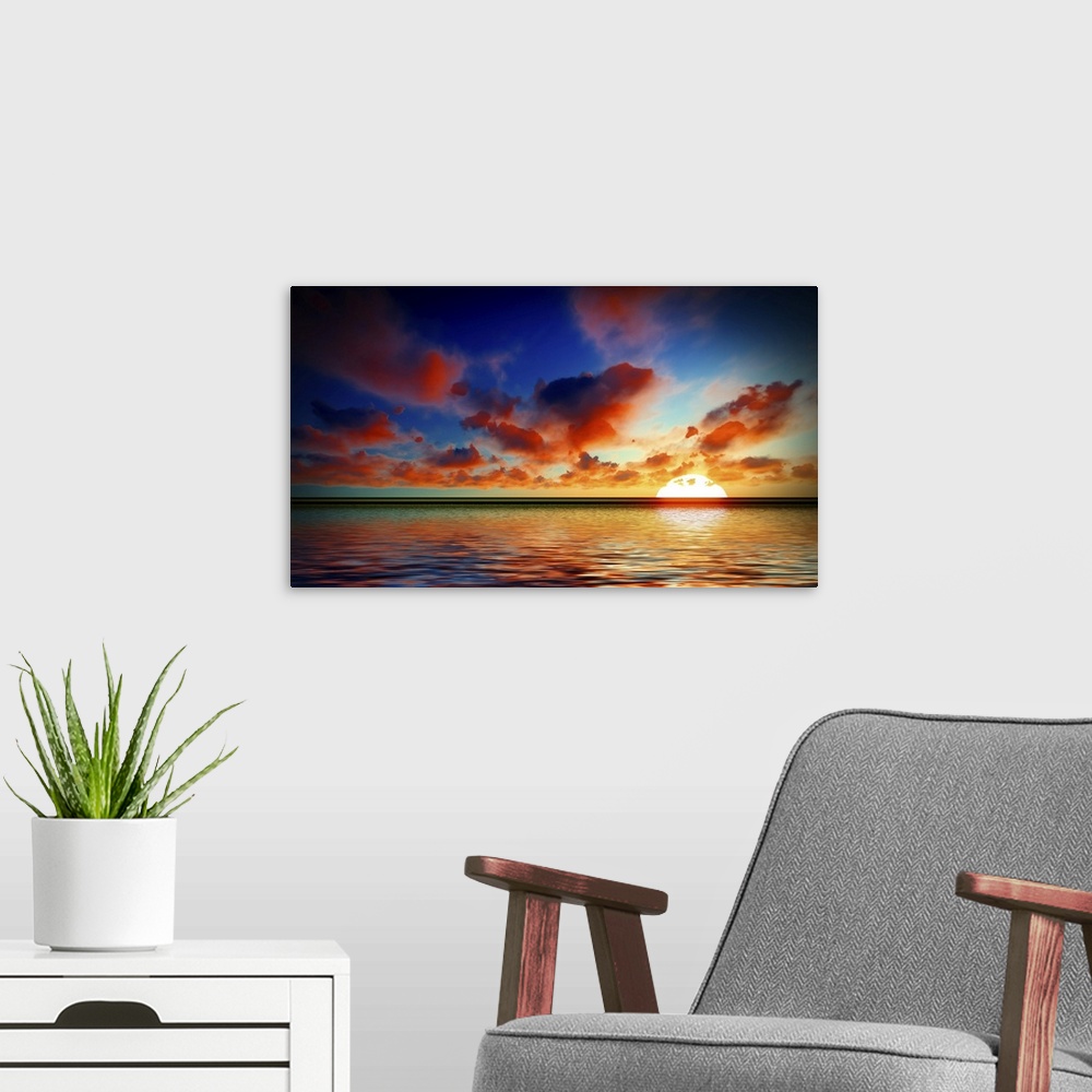 A modern room featuring Beautiful Sunset Over Sea