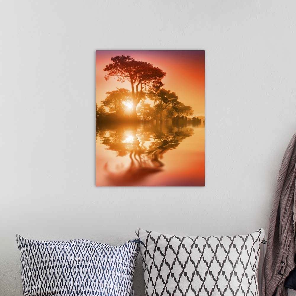 A bohemian room featuring Fantasy scenic trees over lake reflecting in water at sunset. Soft focus.