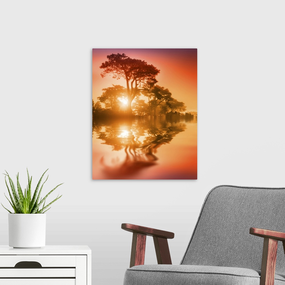 A modern room featuring Fantasy scenic trees over lake reflecting in water at sunset. Soft focus.