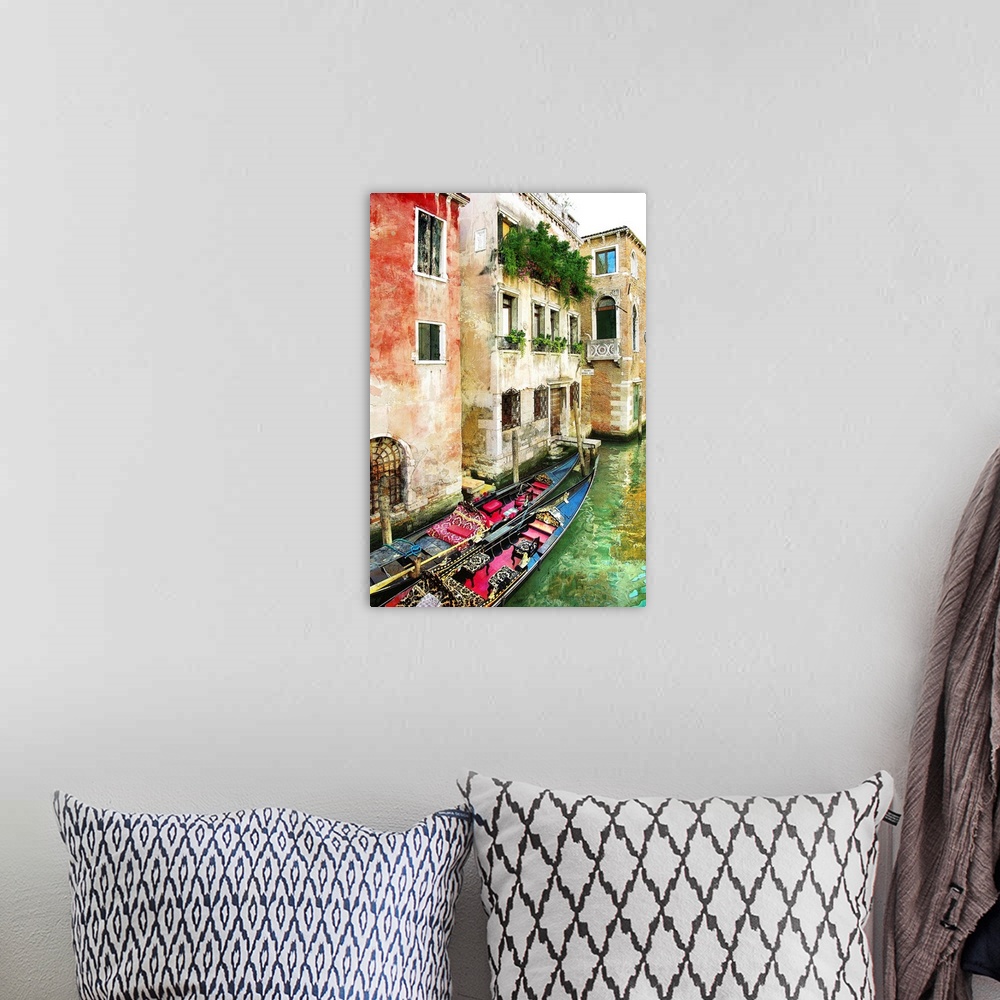 A bohemian room featuring Beautiful Venetian pictures - oil painting style.