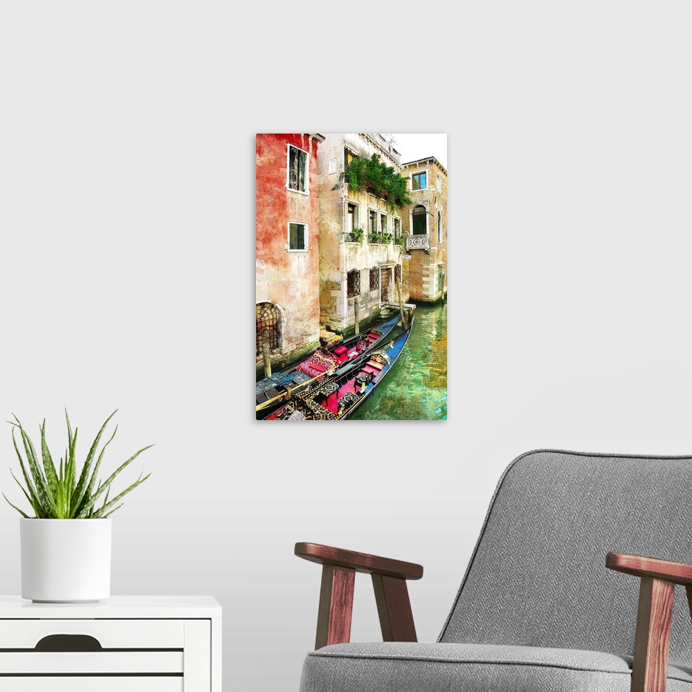 A modern room featuring Beautiful Venetian pictures - oil painting style.